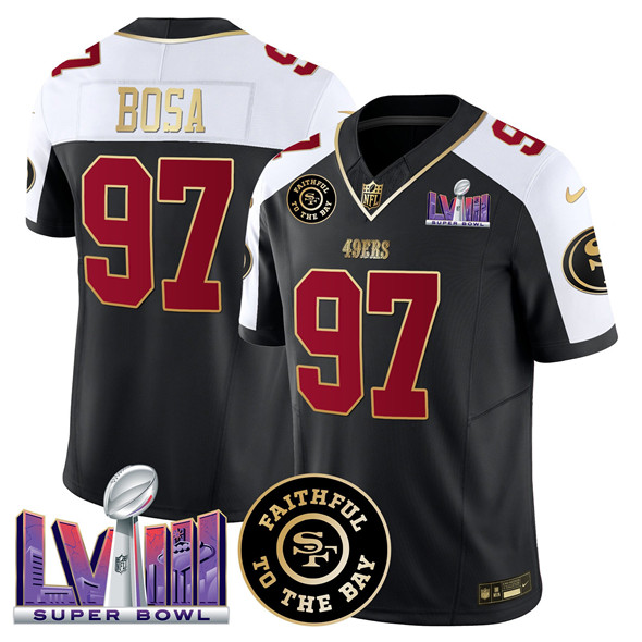 Men's San Francisco 49ers #97 Nick Bosa Black Alternate 2025 F.U.S.E. Faithful & Super Bowl LVIII Patch Vapor Limited Stitched Football Jersey Men's San Francisco 49ers #97 Nick Bosa Black Alternate 2025 F.U.S.E. Faithful & Super Bowl LVIII Patch Vapor Limited Stitched Football Jersey